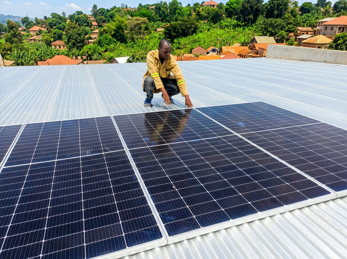 Afrocity technician installing solar panels on a Ugandan rooftop
